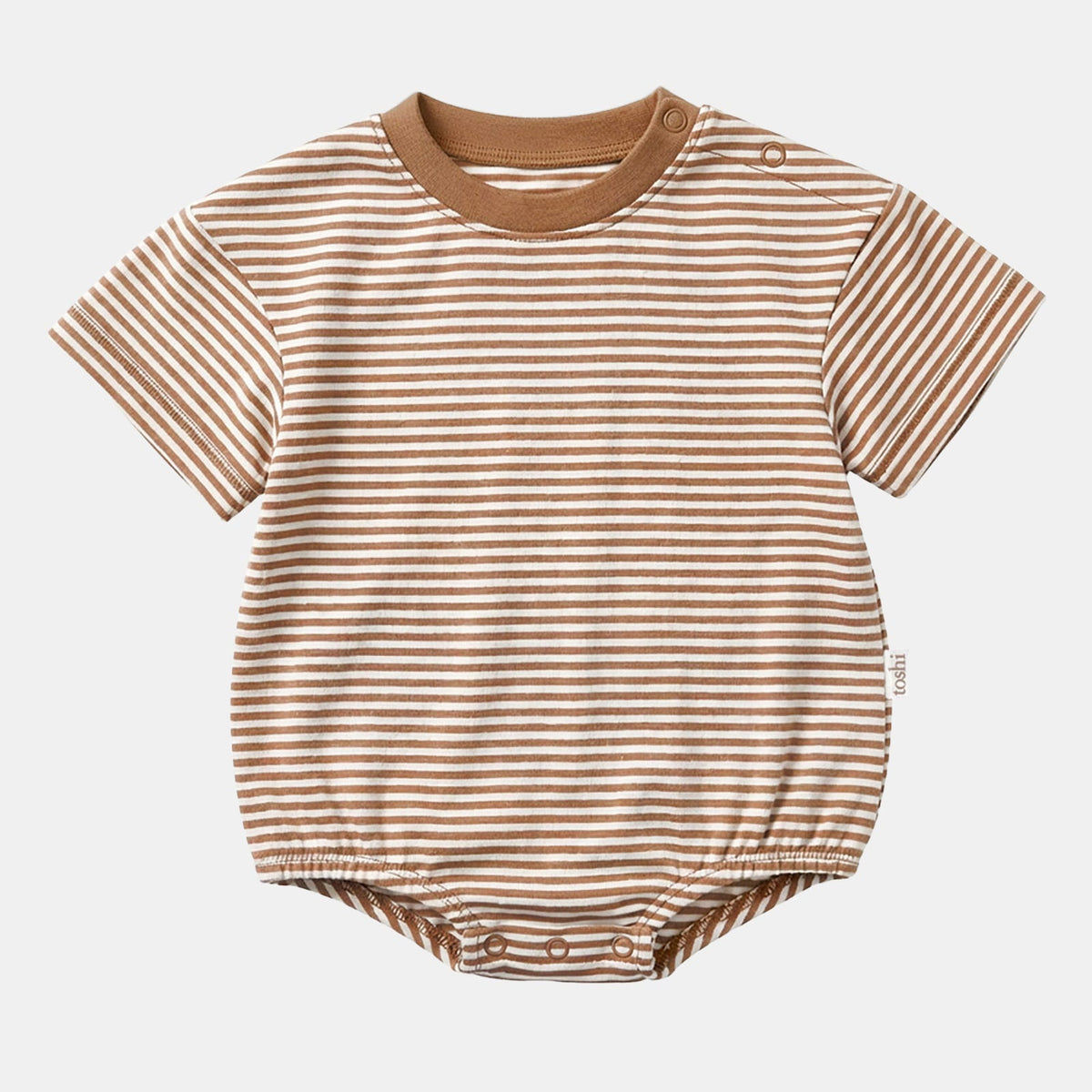 Toshi Mini Mocha short-sleeved bubble onesie in brown and white stripes with a brown neckband and shoulder press studs
