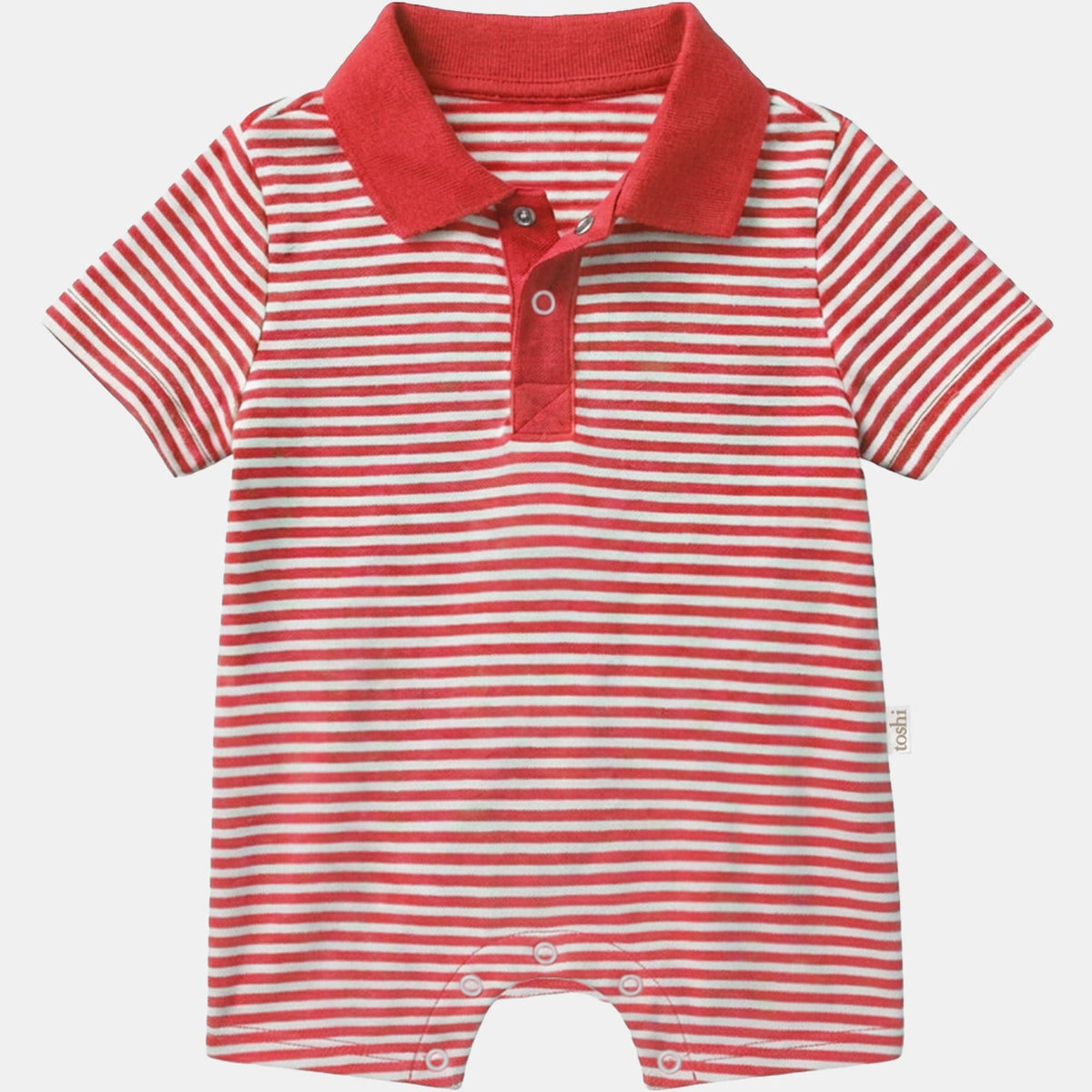 Toshi Mini Lobster polo onesie in red and white stripes with a red collar, press-stud placket and short legs