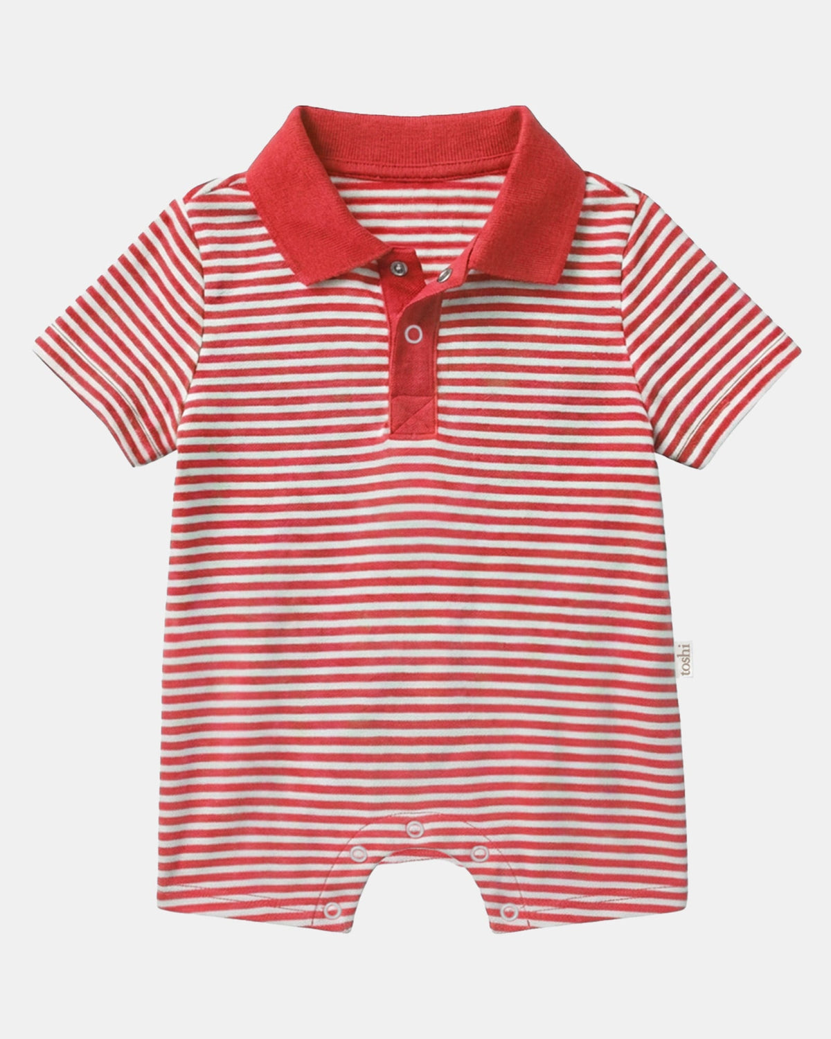 Toshi Mini Lobster polo onesie in red and white stripes with a red collar, press-stud placket and short legs