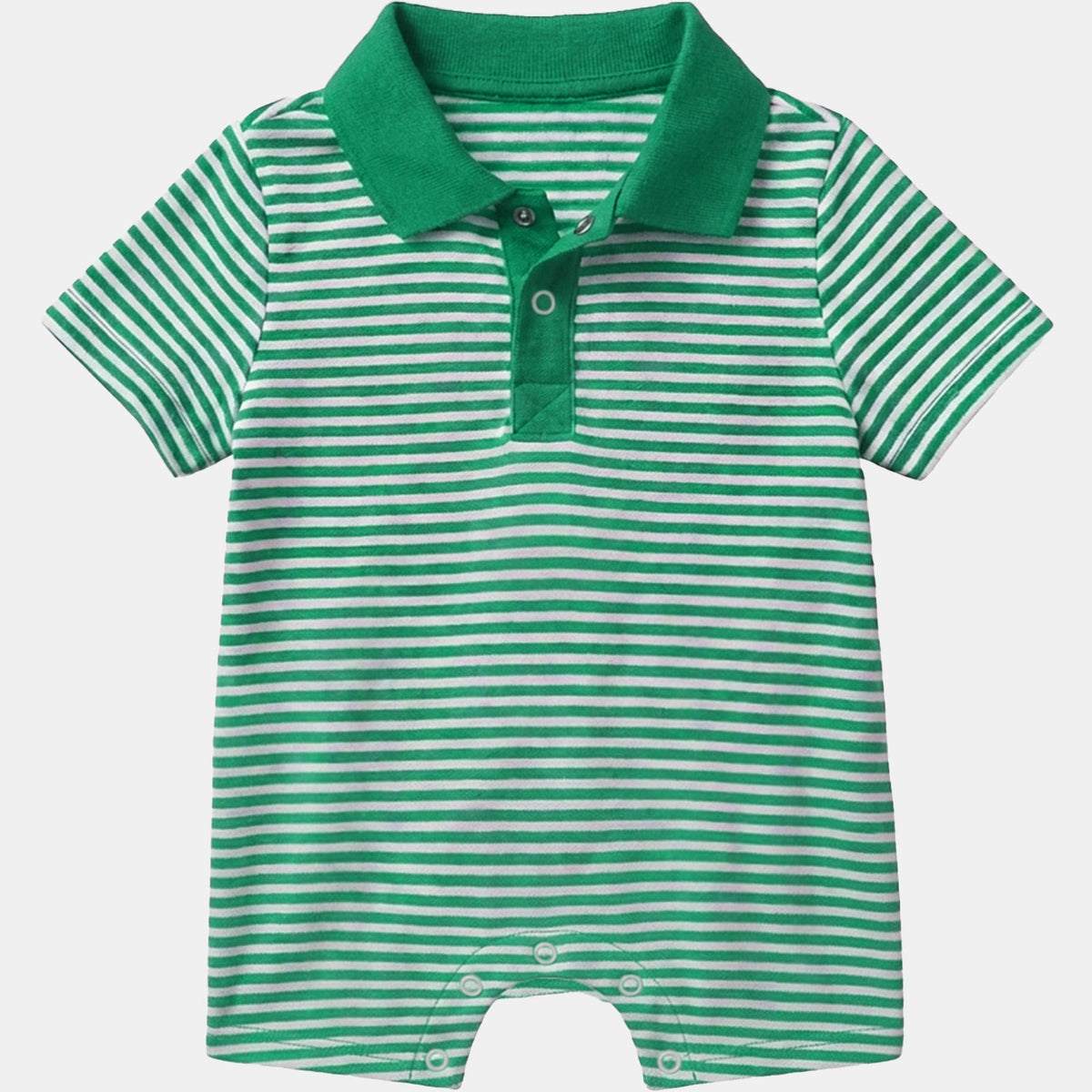 Toshi Mini Pistachio polo onesie in green and white stripes with a green collar, press-stud placket and short legs