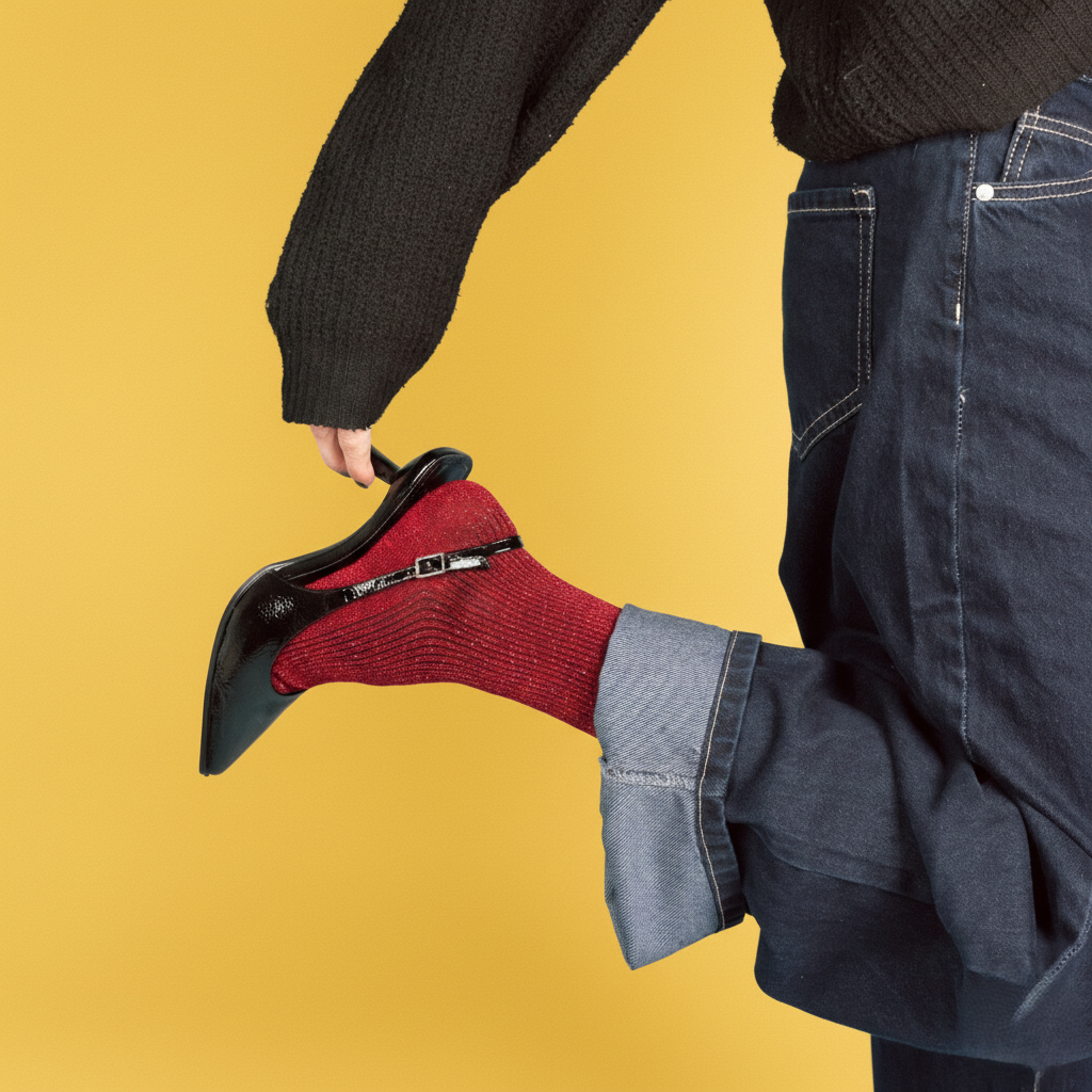 Model in jeans on a yellow background wearing a cherry red KLUE sock, holding one shoe