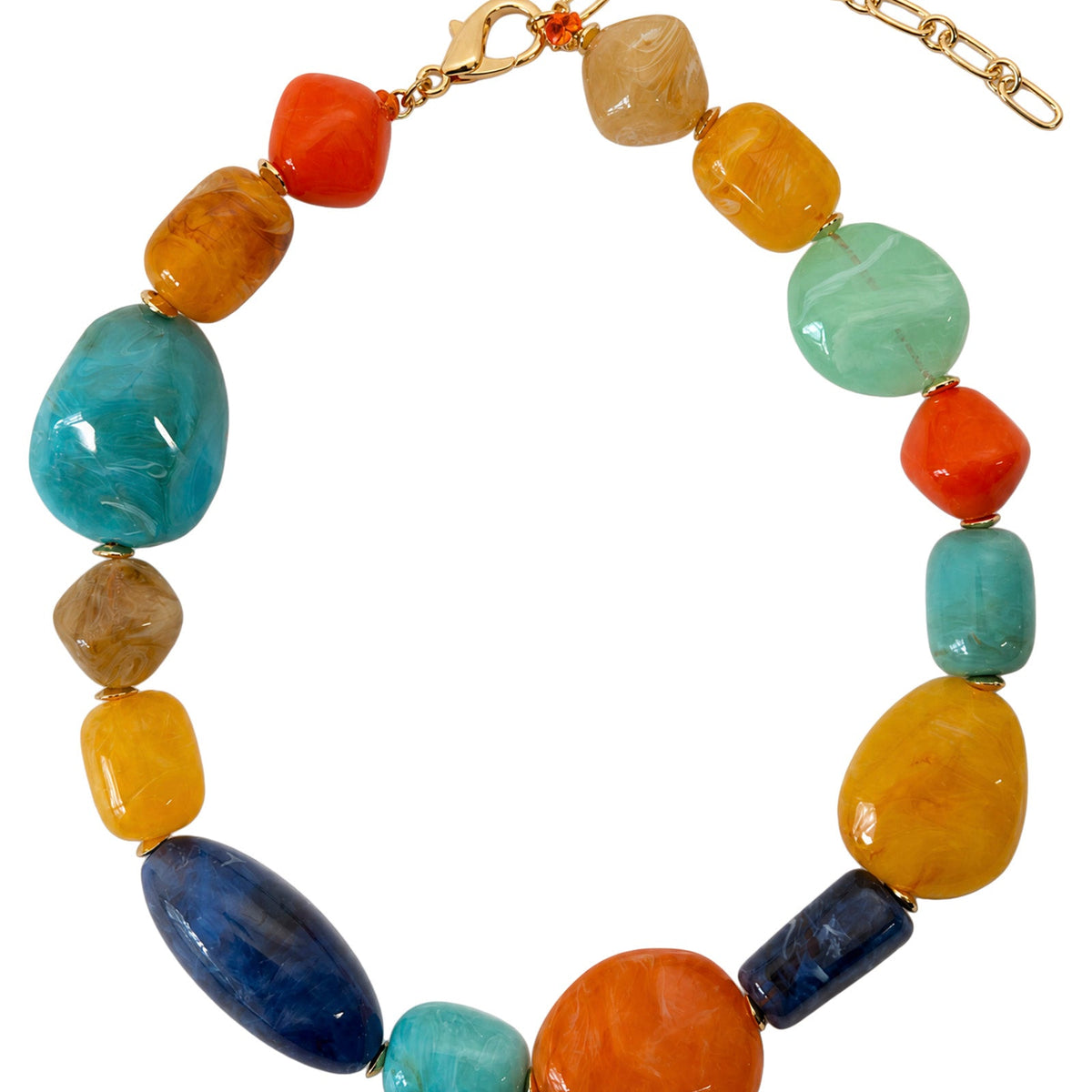 Palmera Sunset necklace laid flat: marble-look beads in orange, turquoise, amber, mint and navy on a gold-tone clasp and chain