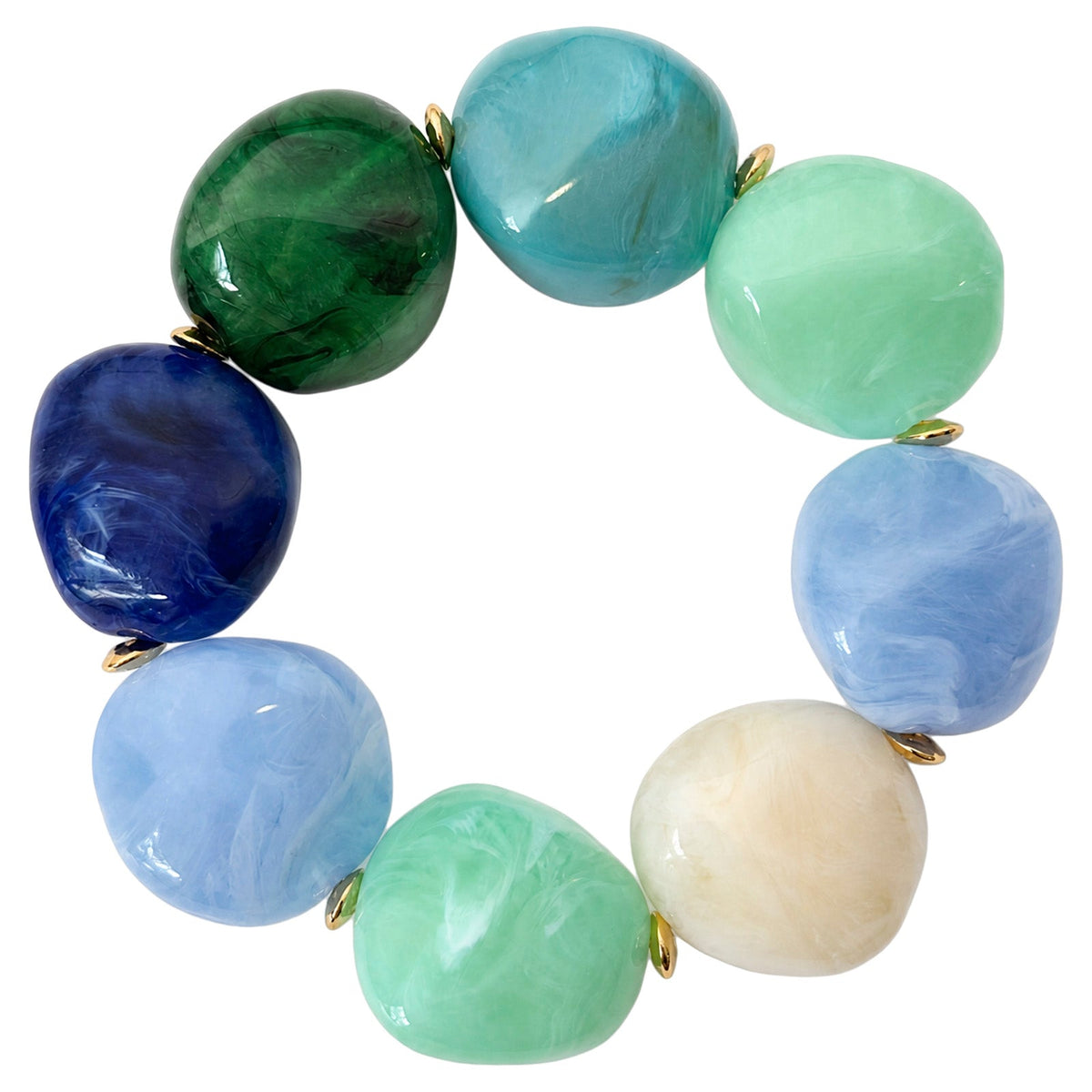 Palmera Seafoam stretch bracelet: large marble-look beads in navy, emerald, teal, mint, light blue and cream with gold-tone spacers