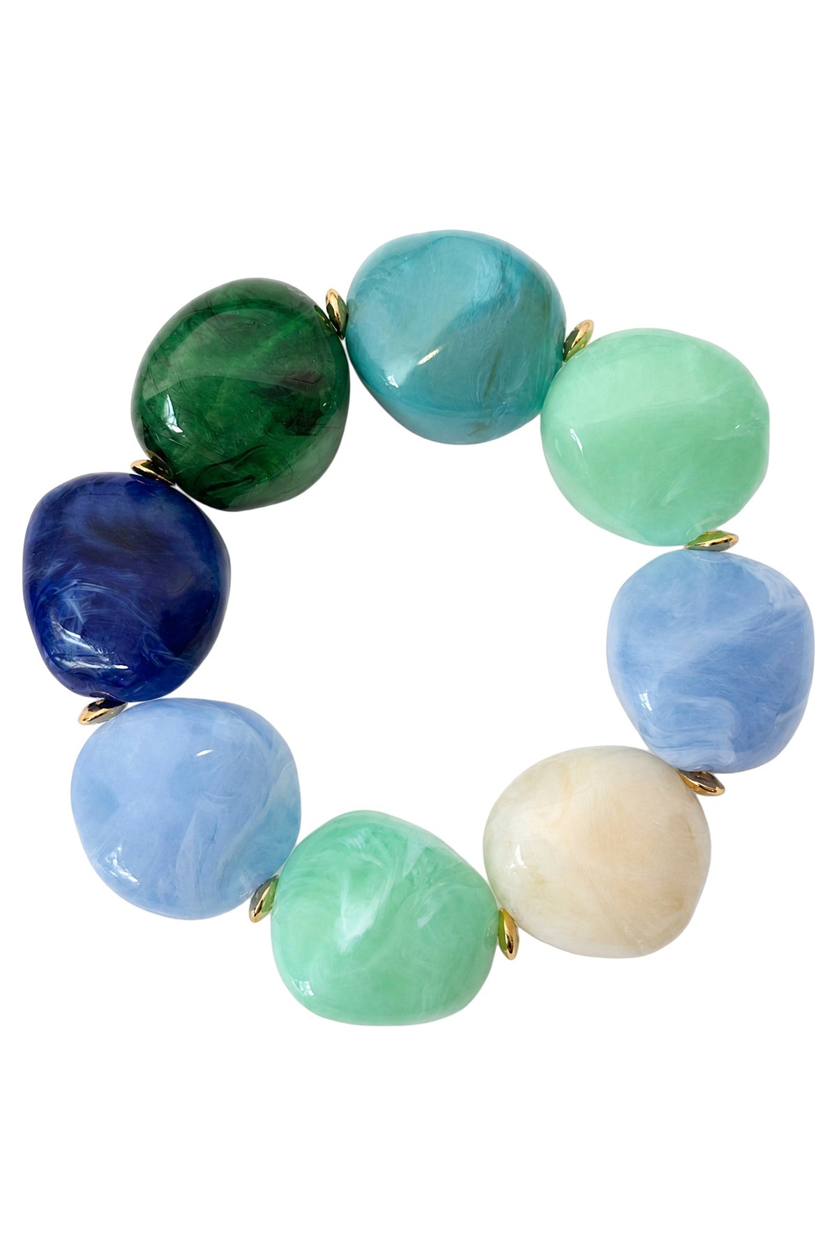 Palmera Seafoam stretch bracelet: large marble-look beads in navy, emerald, teal, mint, light blue and cream with gold-tone spacers