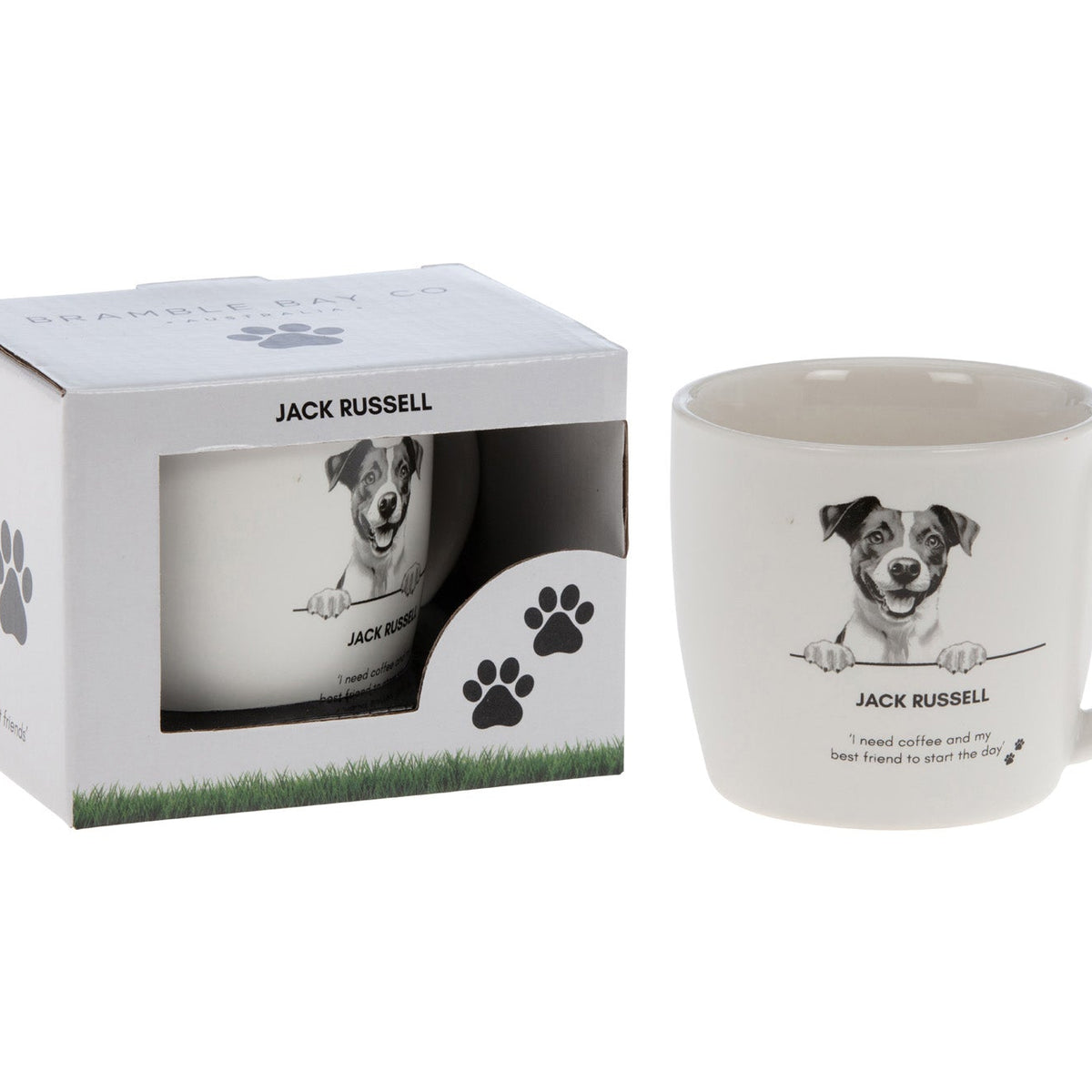 White mug with a sketched Jack Russell portrait, the words Jack Russell and the line "I need coffee and my best friend to start the day", beside its paw-print gift box