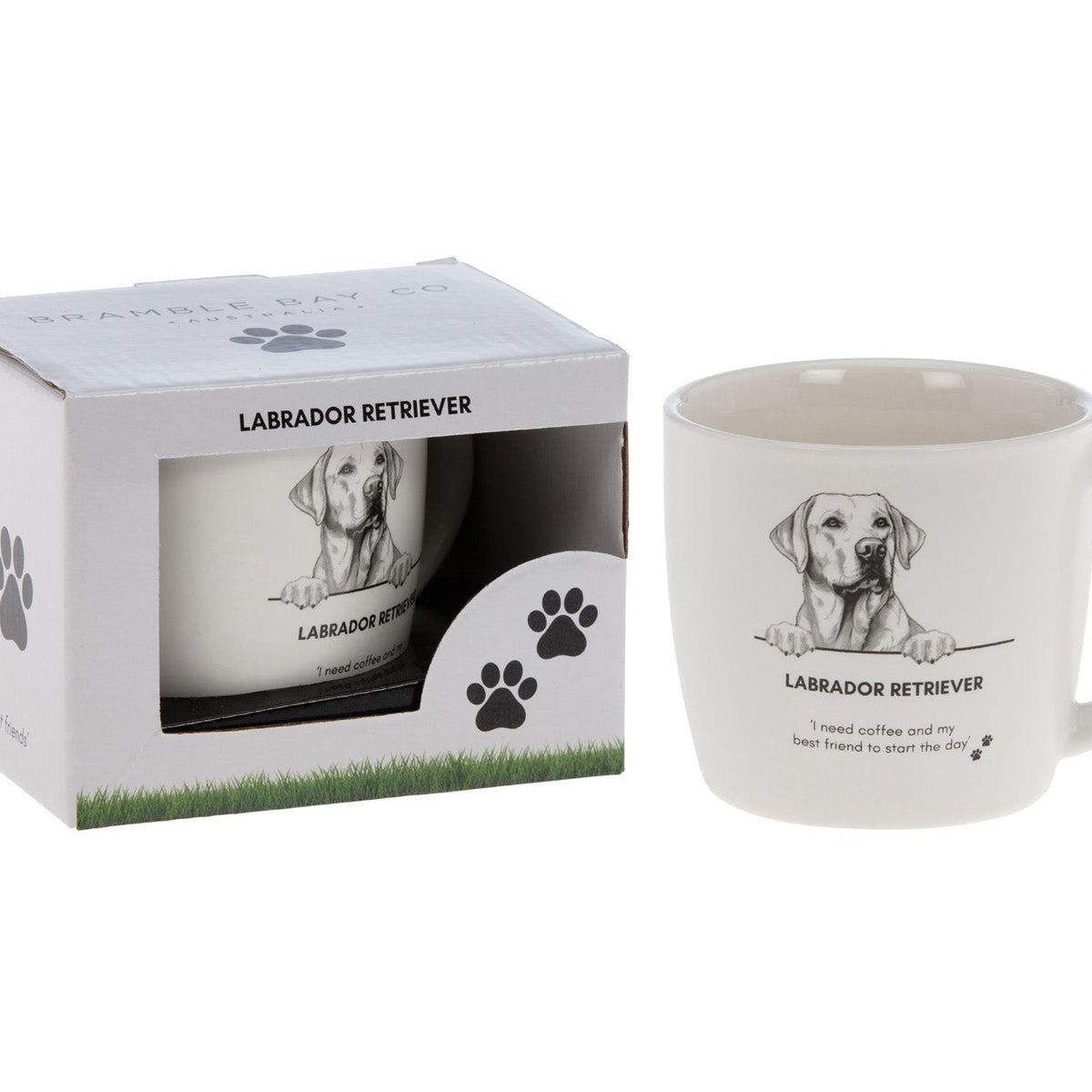 White mug with a sketched Labrador retriever portrait and the words Labrador Retriever and I need coffee and my best friend to start the day, beside its paw-print gift box