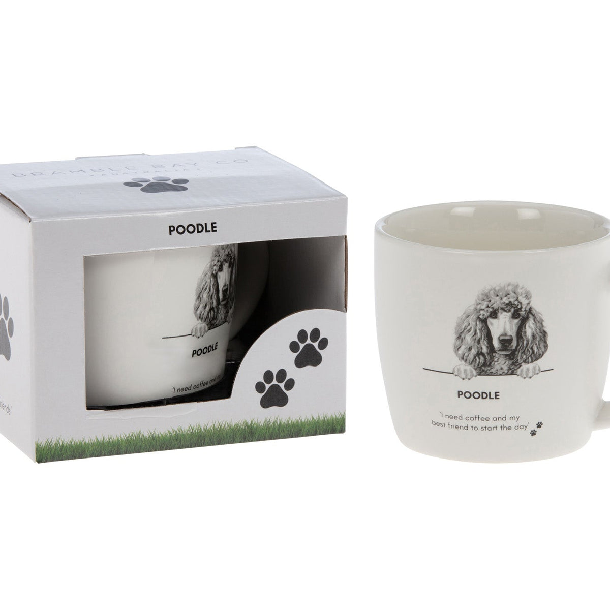 White mug with a sketched poodle portrait and the words Poodle and I need coffee and my best friend to start the day, beside its paw-print gift box
