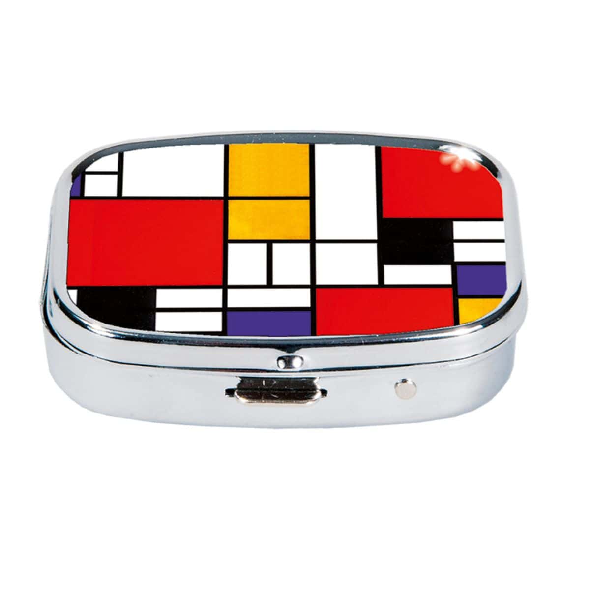 Silver-tone metal pill box with a Mondrian-style grid of red, yellow, blue and black blocks set in the lid.