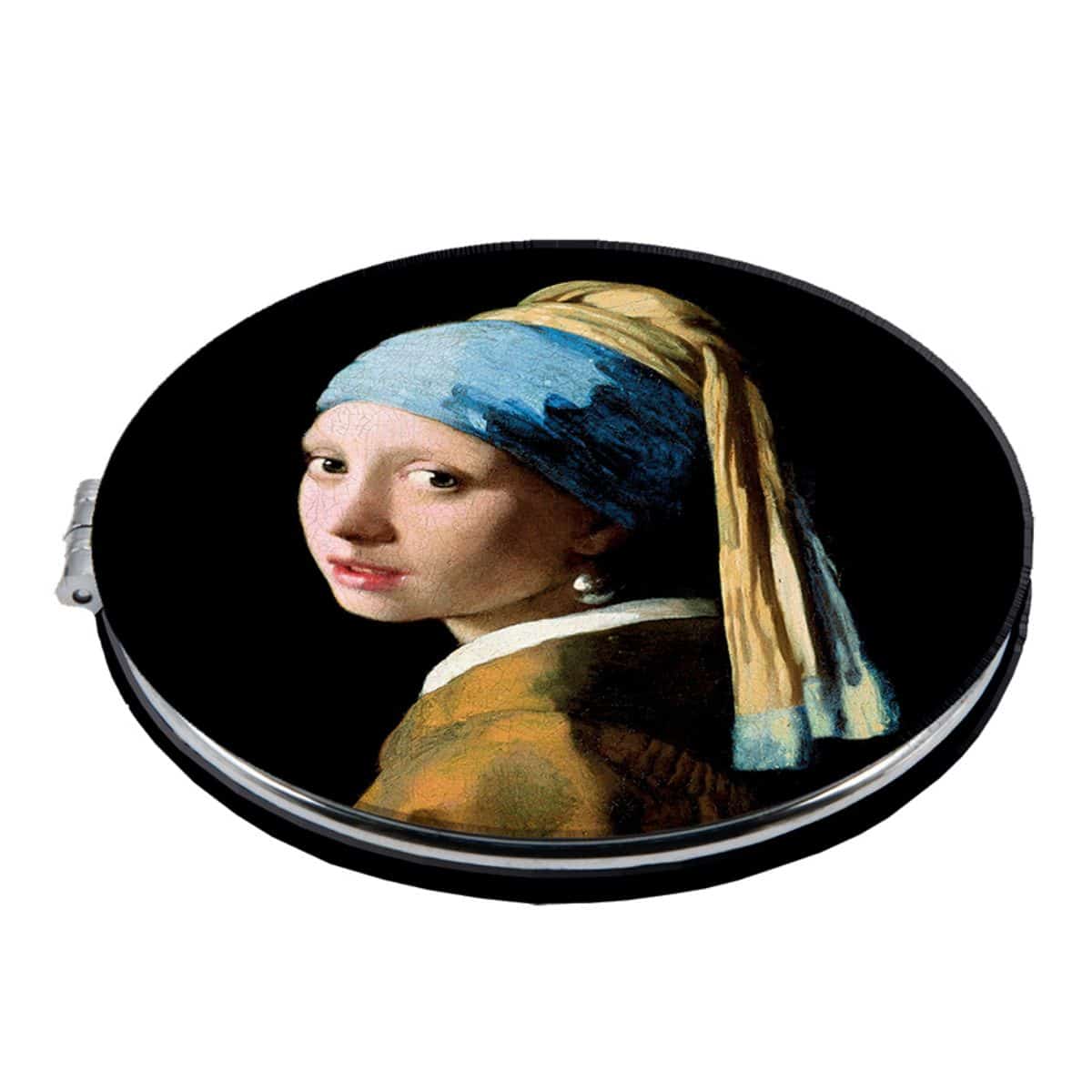 Folding pocket mirror with Vermeer's Girl with a Pearl Earring on a black ground.