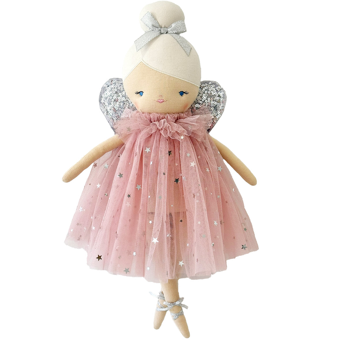Posy fairy doll with a pale bun and silver bow, pink star tulle dress and silver sequin wings, front view