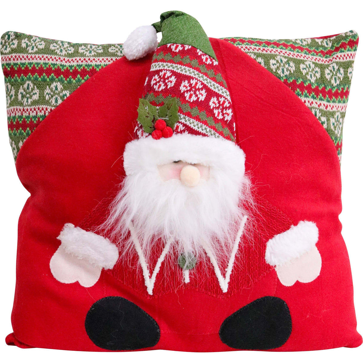 Red cushion with a 3D Santa: fluffy white beard, knitted red and white hat with a green tip and holly, white-cuffed mittens and black boots, under a Fair Isle knit band