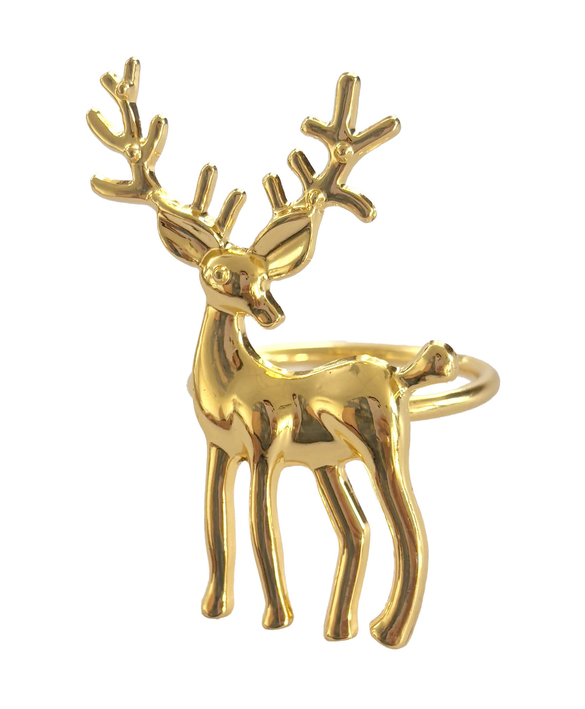 Gold-tone reindeer napkin ring, a standing reindeer with antlers on a round ring