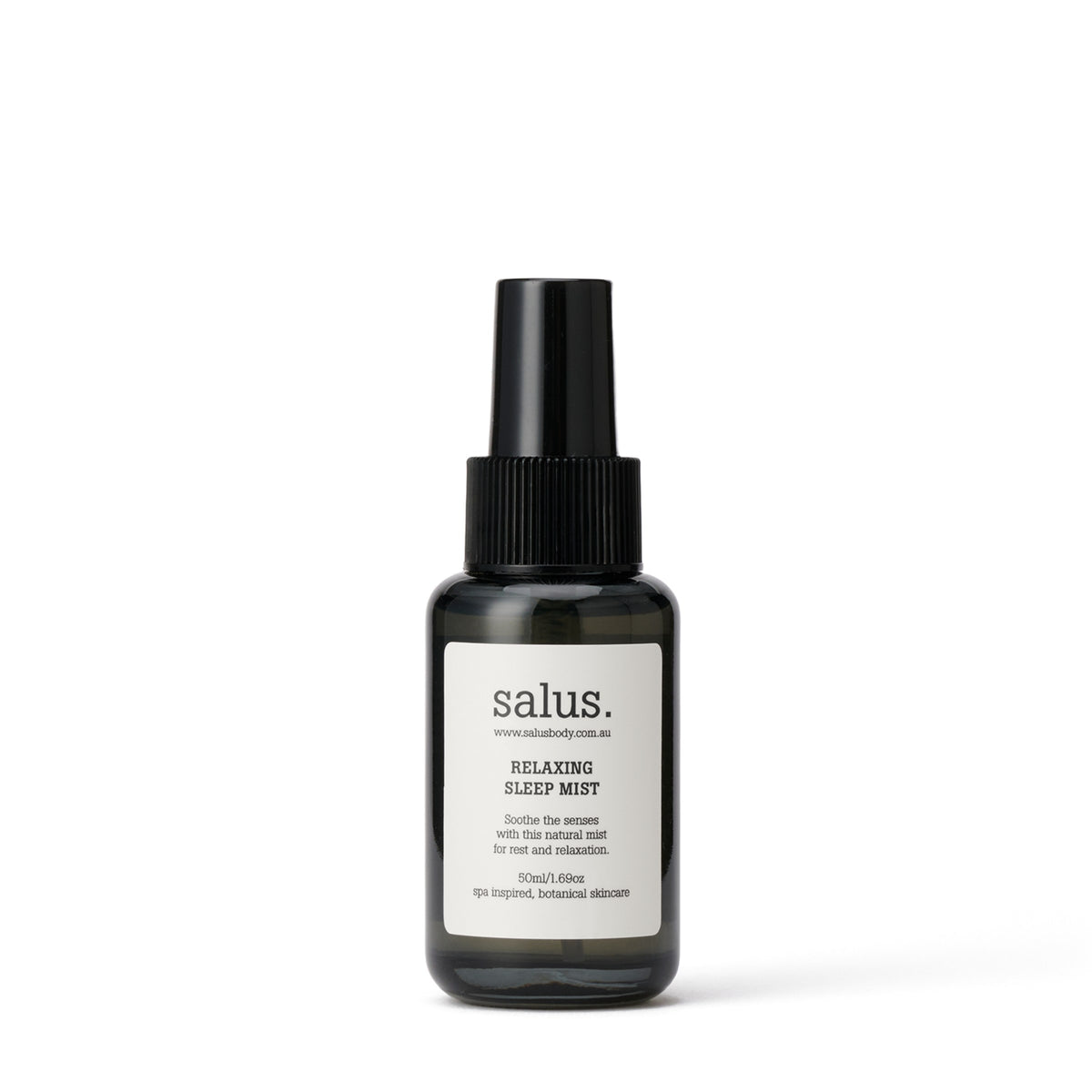 Salus Relaxing Sleep Mist in a 50 ml smoked glass bottle with a black spray top.