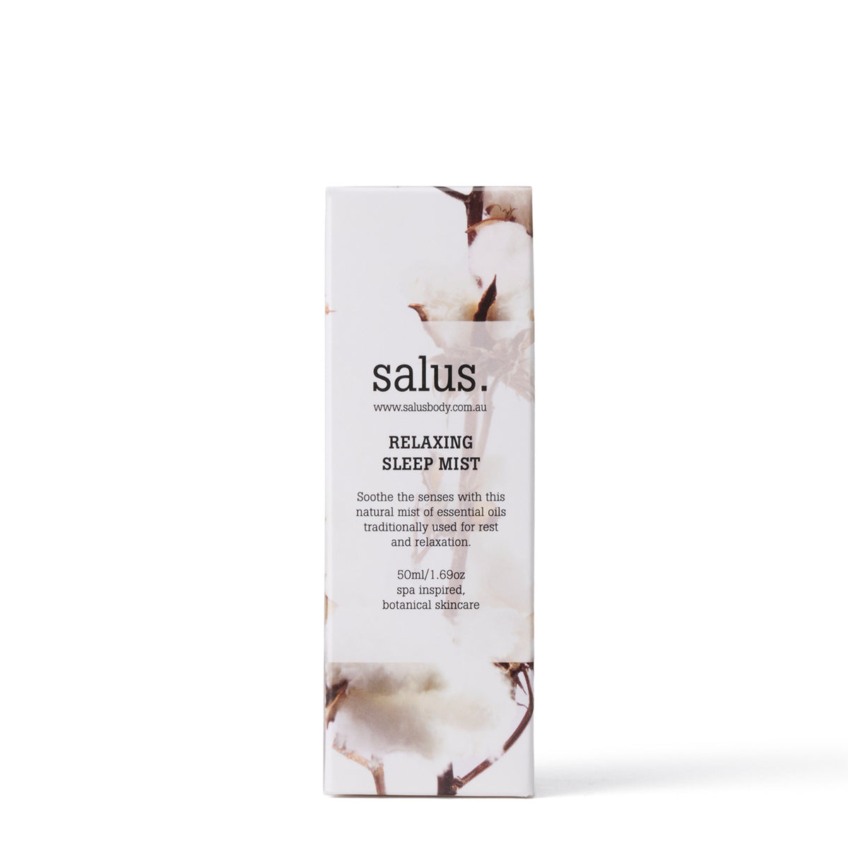 The Relaxing Sleep Mist carton, white with a cotton flower print.