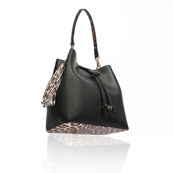 Black Ruby bucket bag with leopard-print tassels at the side, a leopard-print base, drawstring top and gold-tone hardware