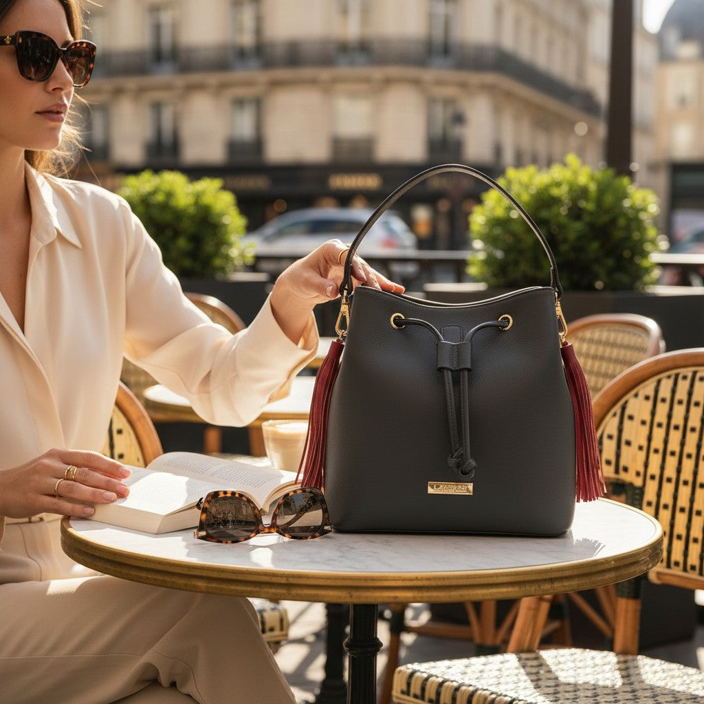Navy Ruby bucket bag with red tassels on a café table