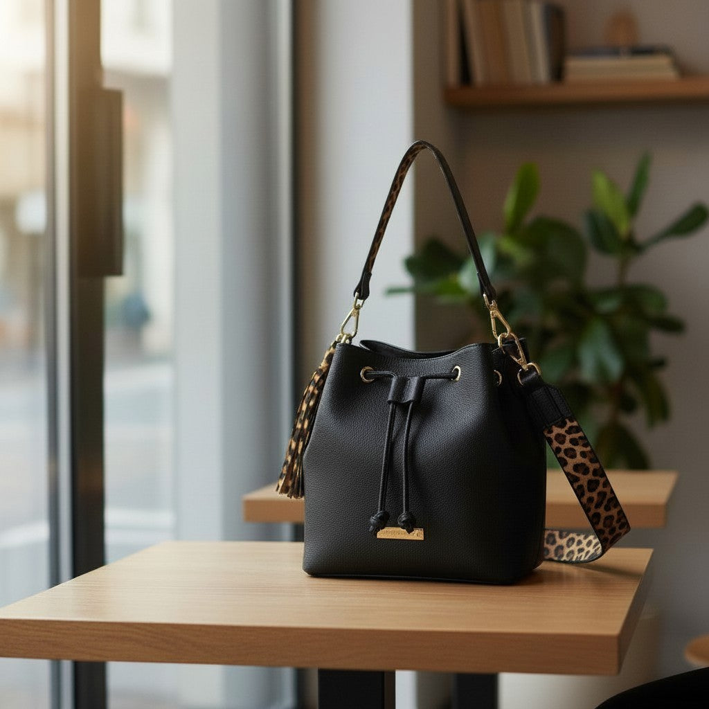 Black Ruby bucket bag with its leopard-print crossbody strap, sitting on a café table
