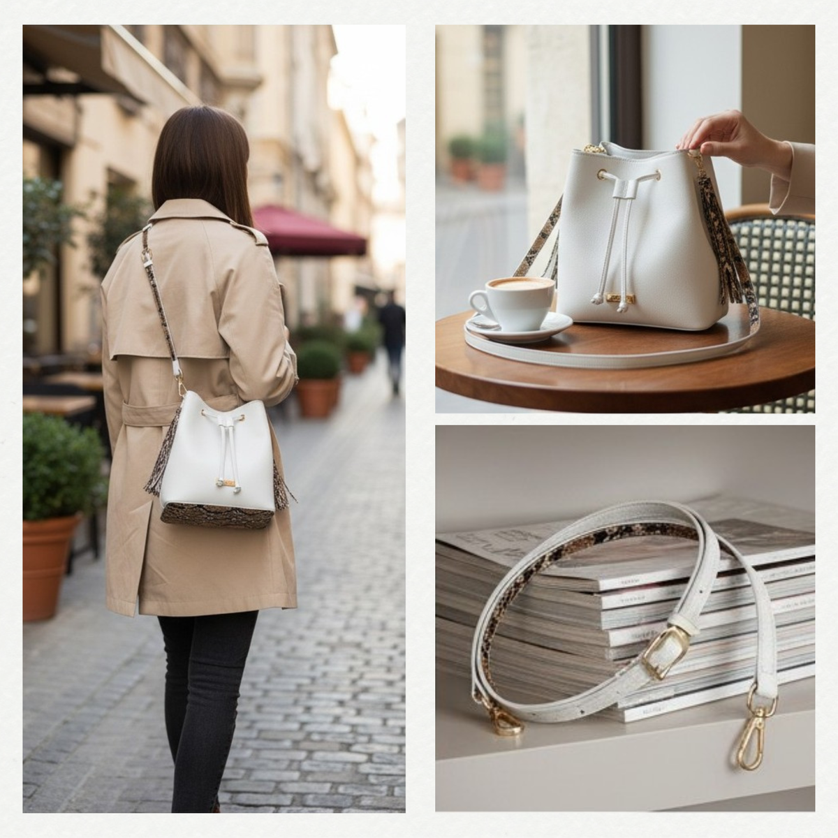 White Ruby bucket bag worn across the body on its snakeskin-print strap, shown on a café table and with the strap laid out