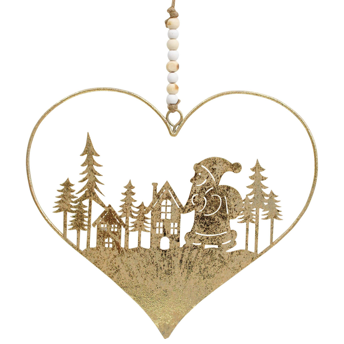 Gold metal hanging heart with a cut-out scene of pine trees, two houses and Santa carrying his sack, on a beaded hanger