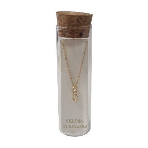 Selina gold-plated sterling silver letter Q initial necklace in its cork-topped glass gift tube