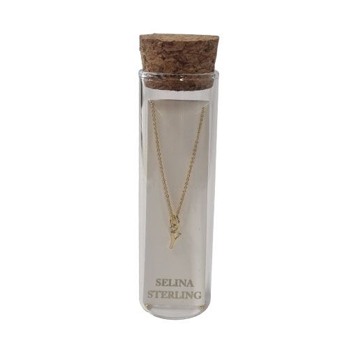 Selina gold-plated sterling silver letter Y initial necklace in its cork-topped glass gift tube