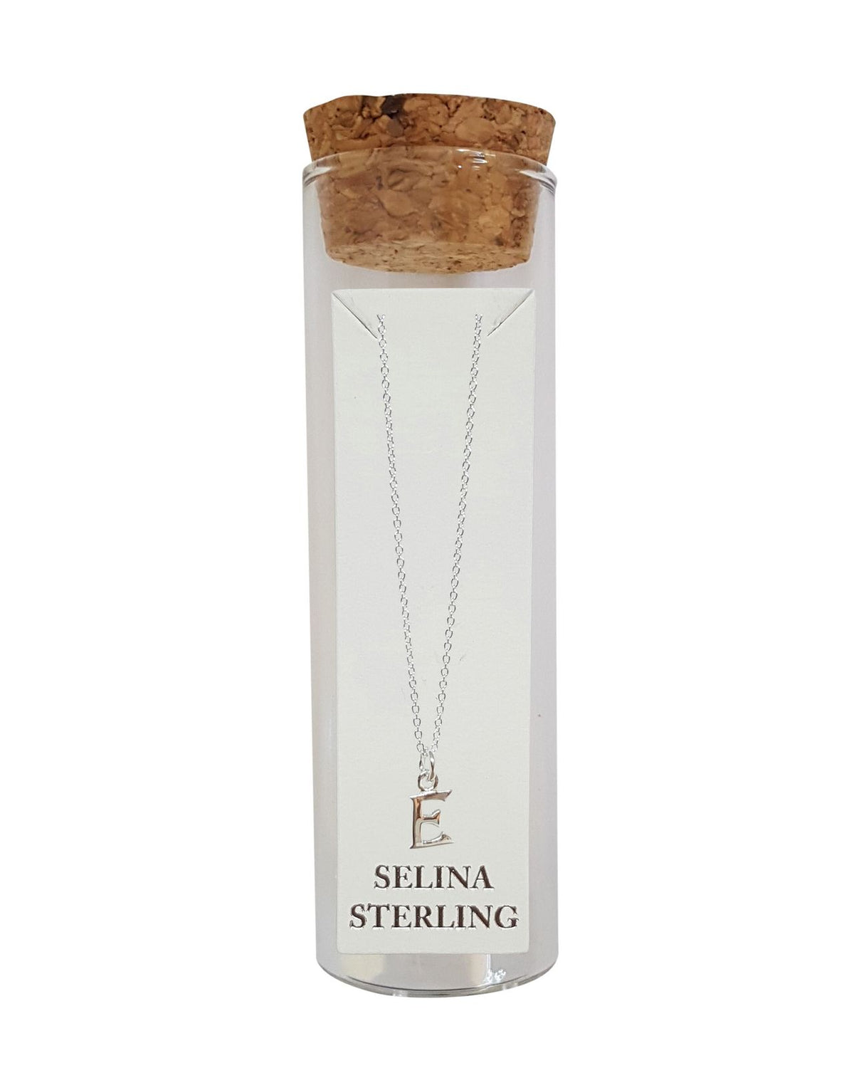 Selina sterling silver letter E initial necklace in its cork-topped glass gift tube