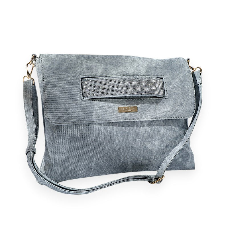 Denim ShineEdge carrier in washed blue-grey with a sparkly studded strip across the flap, a gold-tone logo plate and a long matching strap