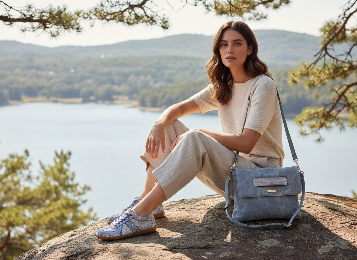 Woman sitting on a rock by a lake with the denim ShineEdge carrier beside her