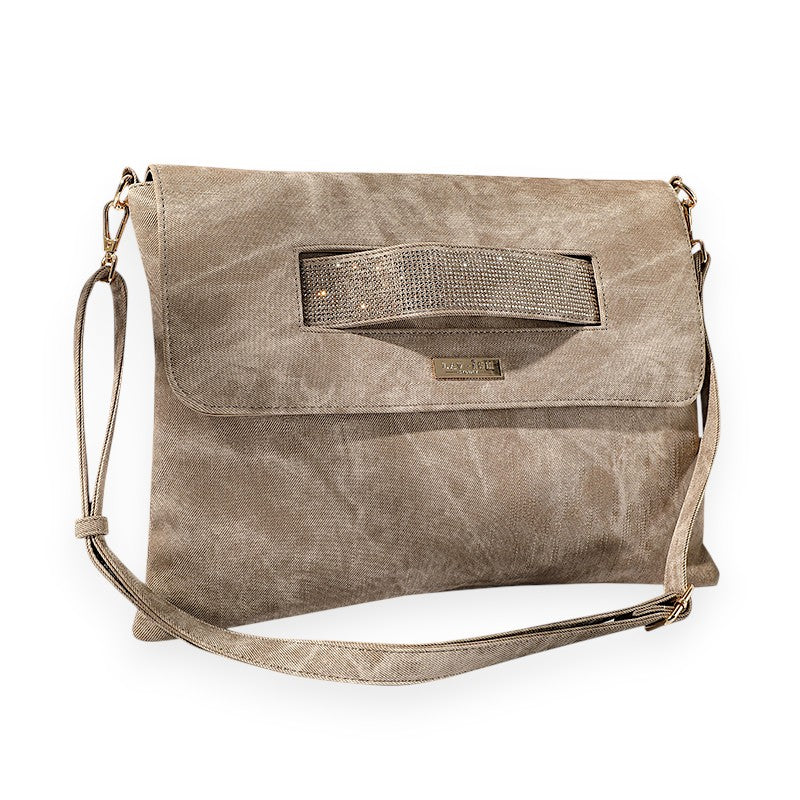 Latte ShineEdge carrier in washed taupe with a sparkly studded strip across the flap, a gold-tone logo plate and a long matching strap