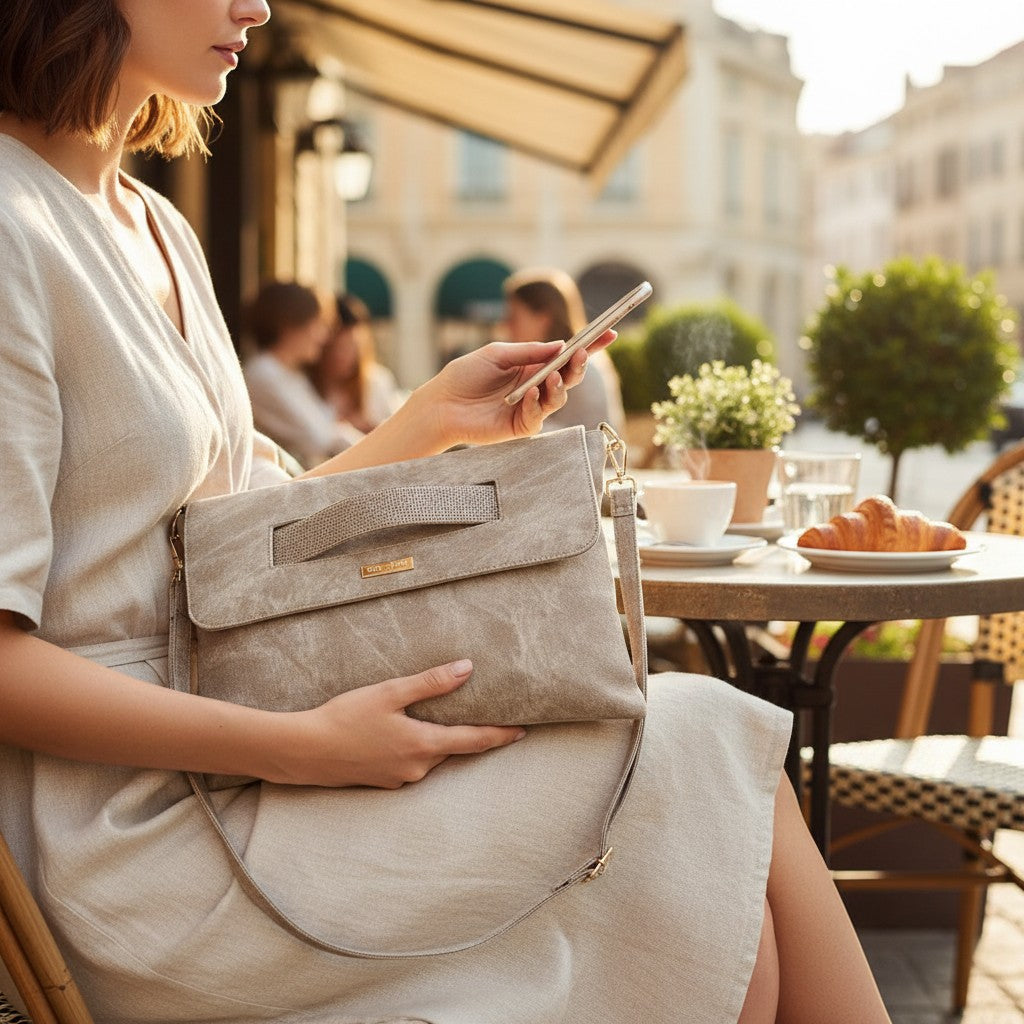 Woman at a café table resting her hand on the latte ShineEdge carrier in her lap