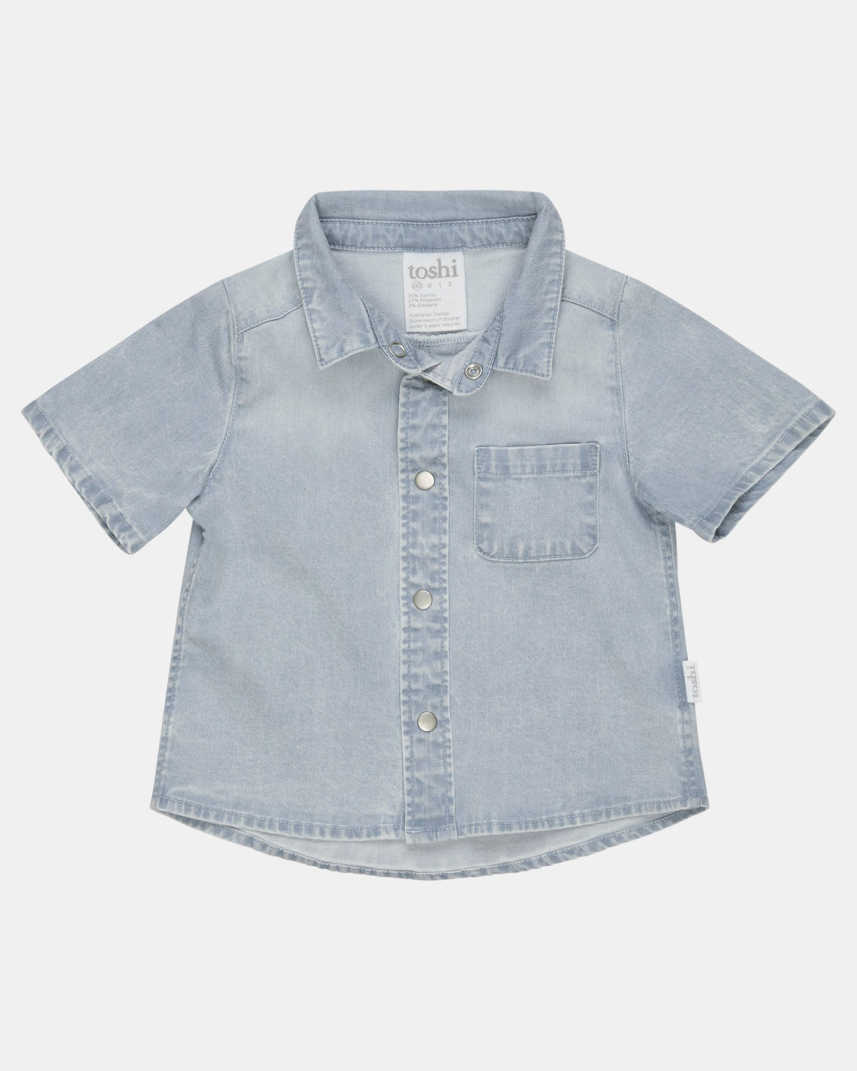 Toshi Indiana classic shirt in washed light blue denim with a collar, press-stud front and chest pocket