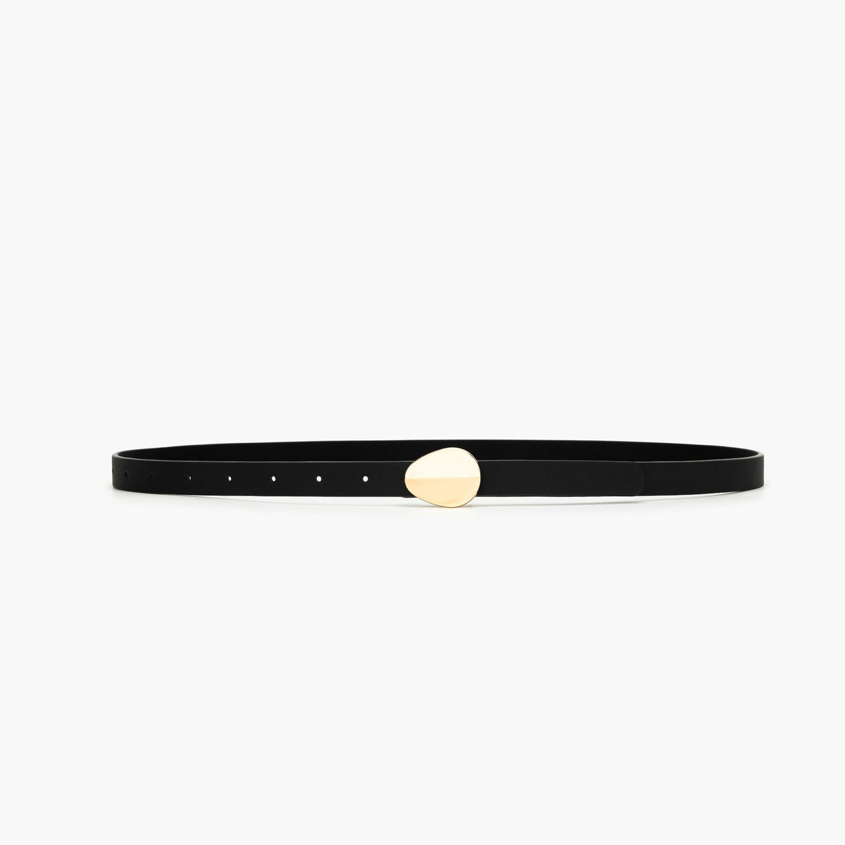 The same belt laid out straight, the gold buckle small against its narrow strap.
