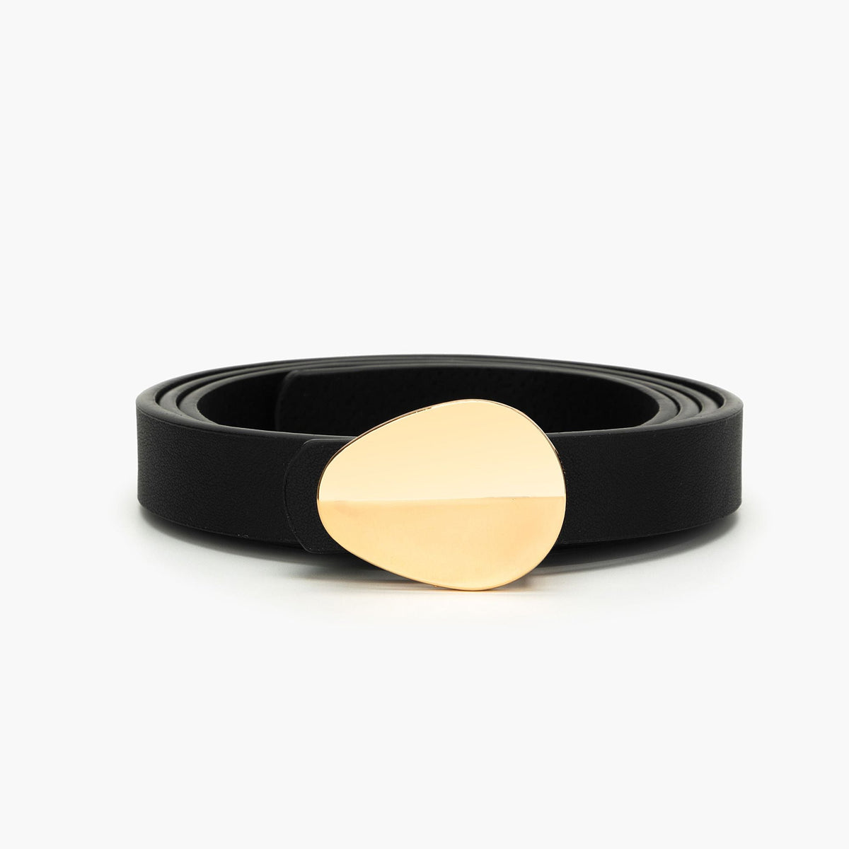 Black belt coiled to show a large rounded gold buckle.