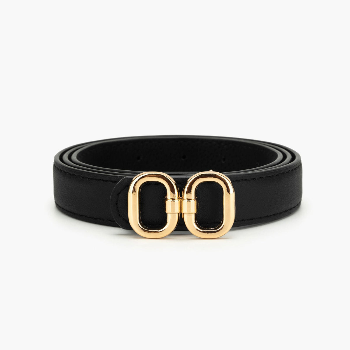 Black belt coiled to show a linked double-oval gold buckle.