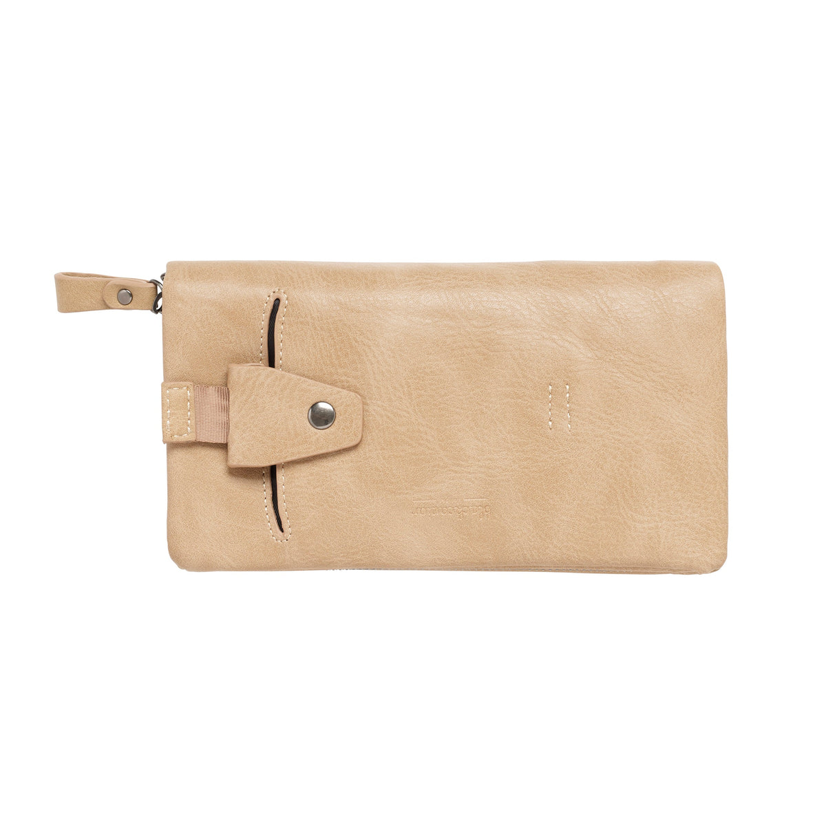 The back of the sand wallet: a phone pocket closed by a press-stud tab, with a ribbon pull.