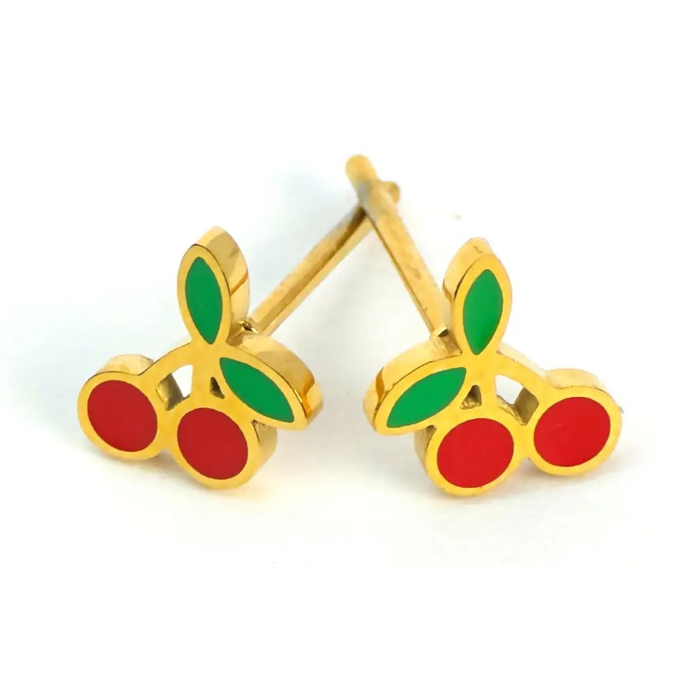 Pair of gold-tone cherry stud earrings, two red cherries under green leaves