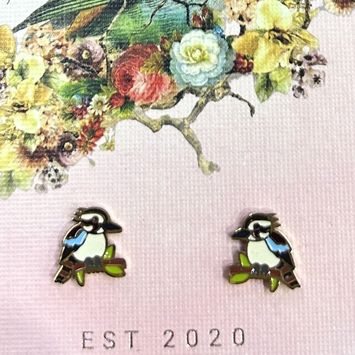 Kookaburra on a branch stud earrings on a pink Songbird and the Bee card