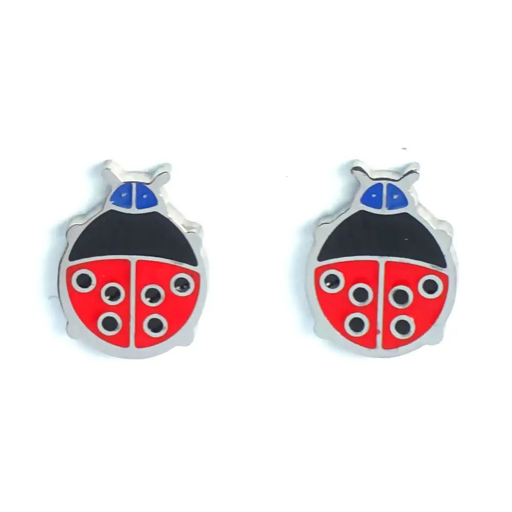 Pair of silver-tone ladybird stud earrings, red with black spots and a blue head