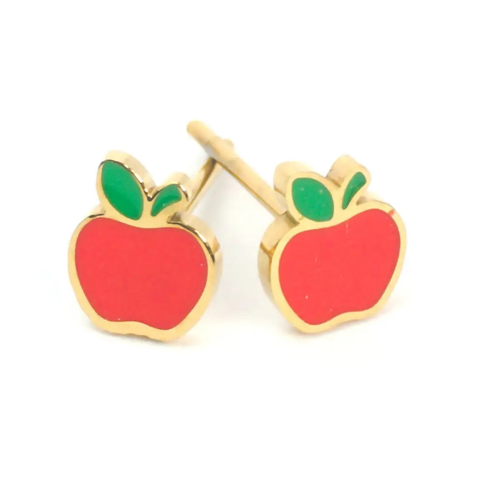 Pair of gold-tone red apple stud earrings with green leaves