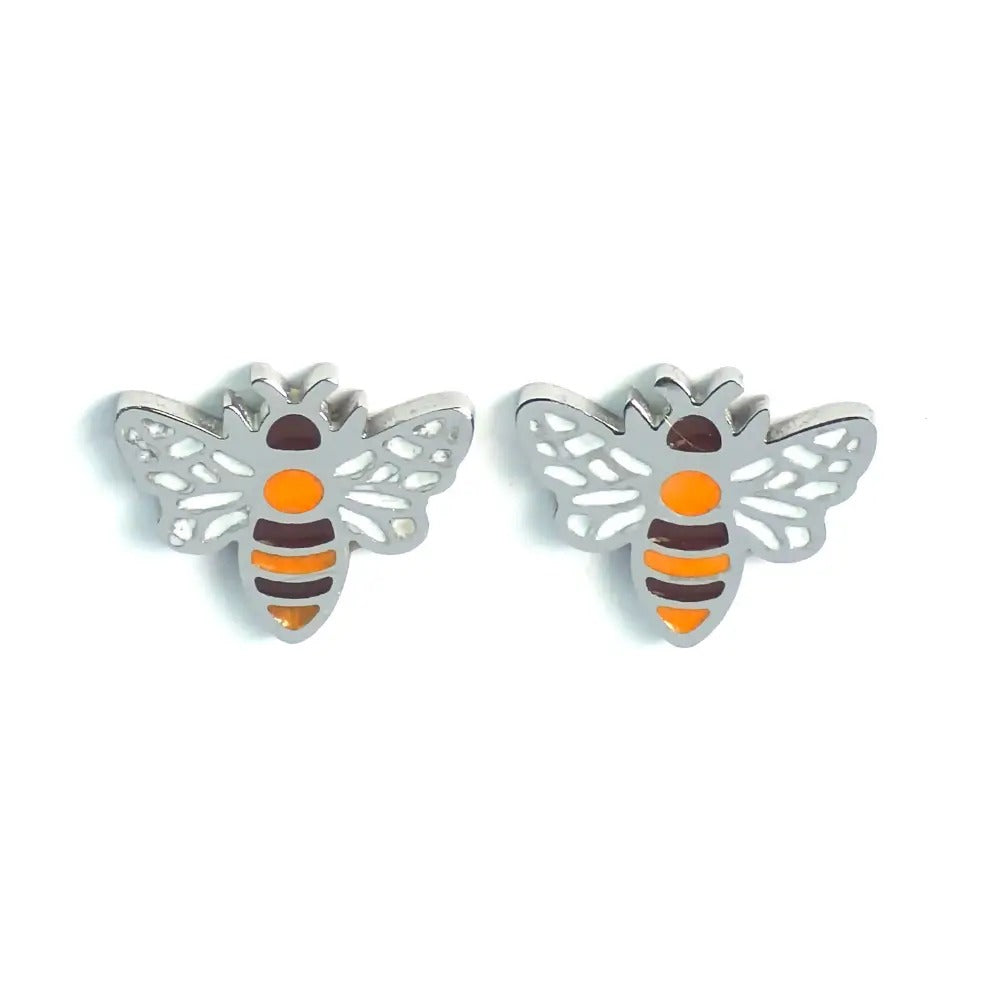 Pair of silver-tone bee stud earrings with orange and black stripes and open wings