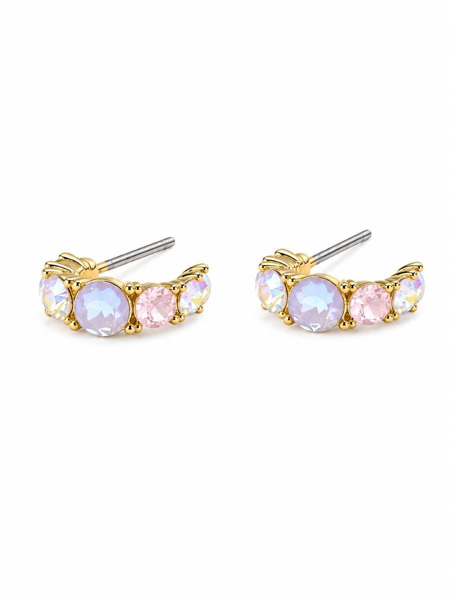 Pair of gold-tone half hoop earrings set with lilac and pale pink stones between two iridescent stones