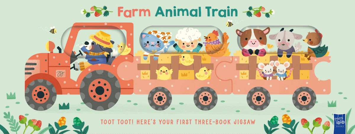 Farm Animal Train: three board books that slot together like a jigsaw into a red tractor, driven by a dog in a straw hat, pulling two carriages of farm animals including a cat, a lamb, a cow, a goat and chicks