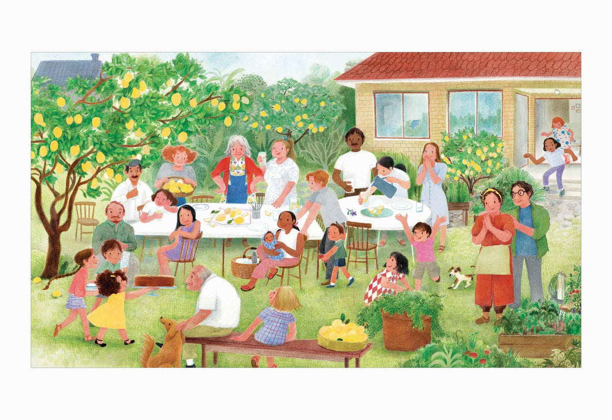 An inside spread of Sundays Under the Lemon Tree: a family lunch under a lemon tree.
