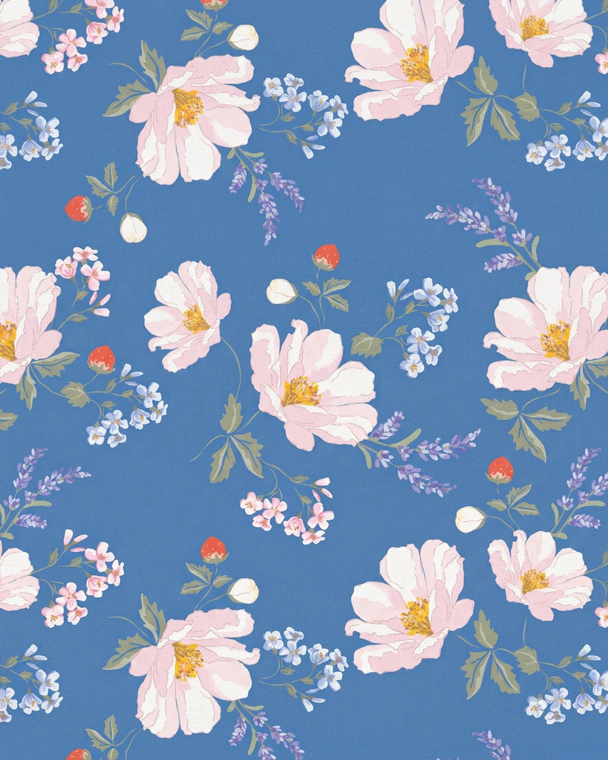 Close-up of the Camille print of pale pink blossoms, lavender sprigs, small blue flowers and red berries on capri blue