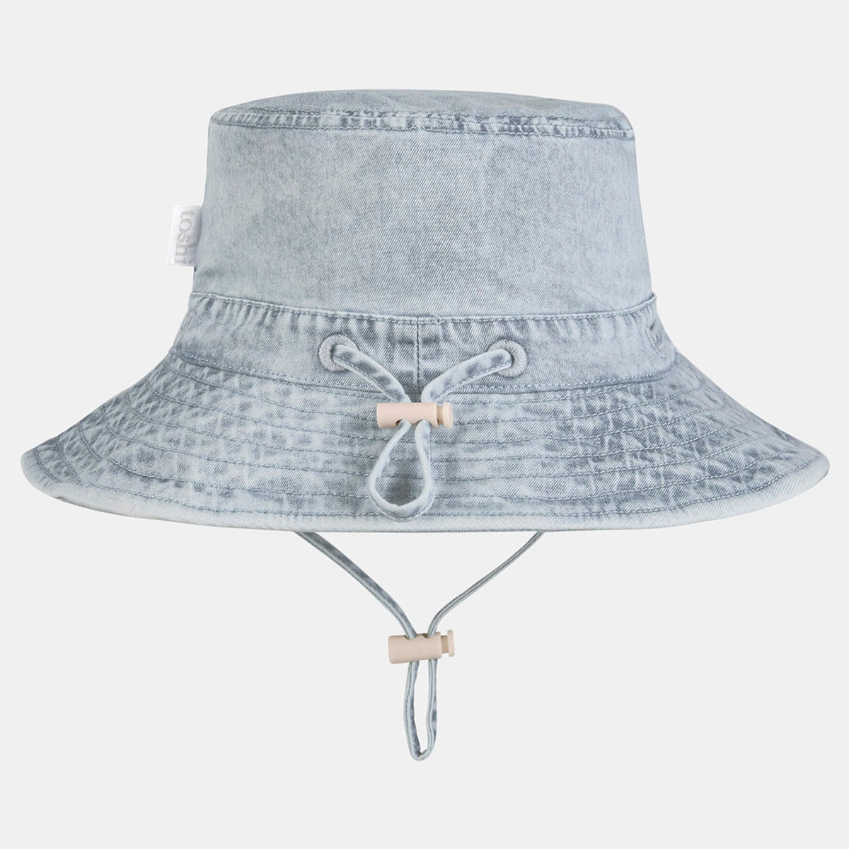 Toshi Olly Indiana bucket sunhat in washed blue denim-look fabric with its adjustable head toggle and chin strap