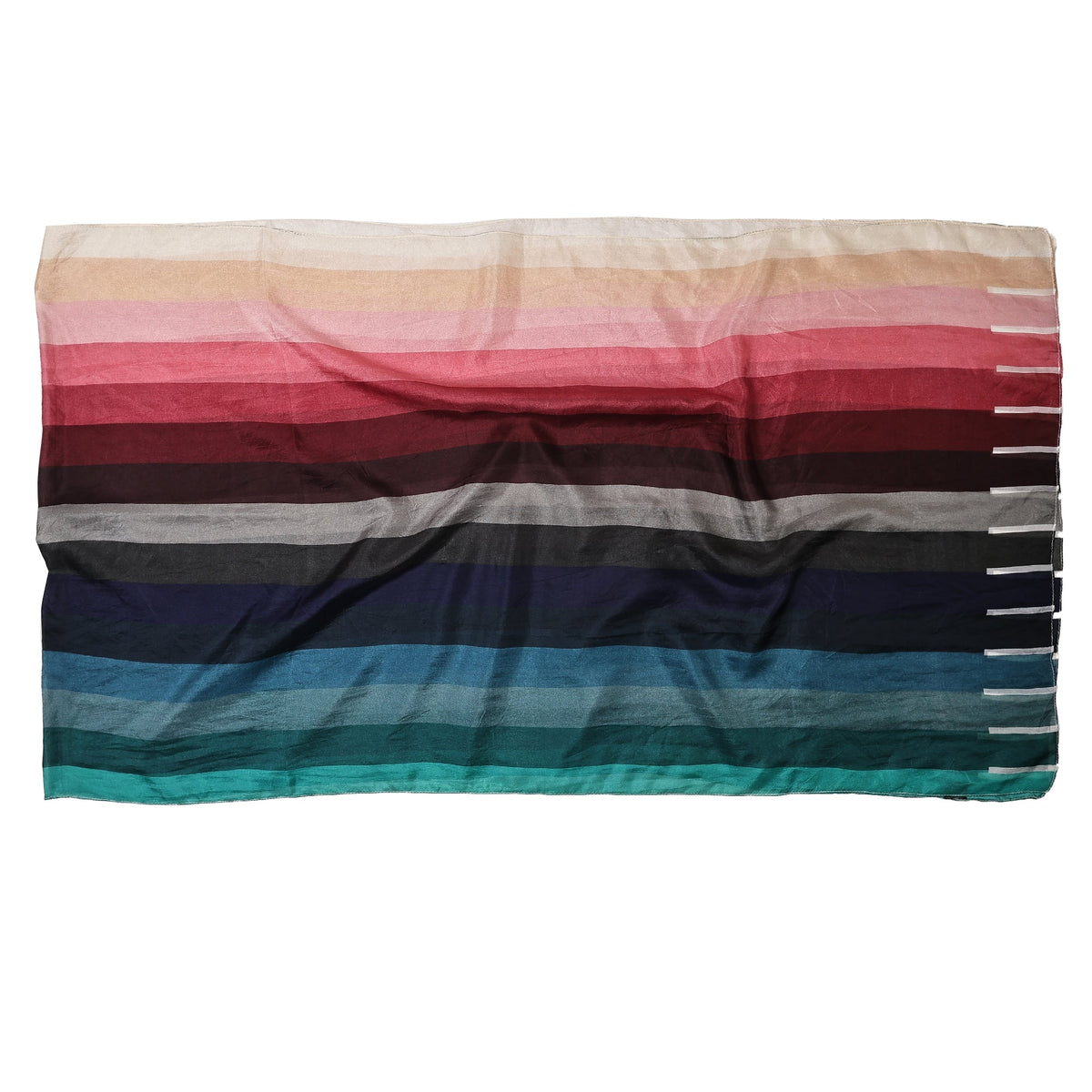 The Sunset Spectrum Stripes scarf laid flat, stripes running from cream through rose and wine to navy and teal