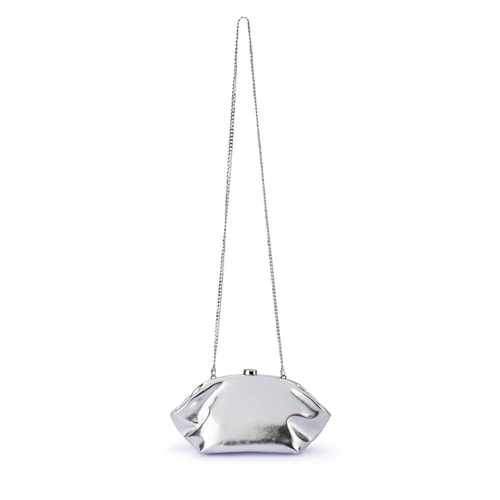 The silver clutch hanging from its long fine chain