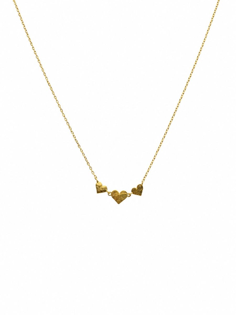 Fine gold-tone chain with three small textured gold-tone hearts side by side, the middle one larger