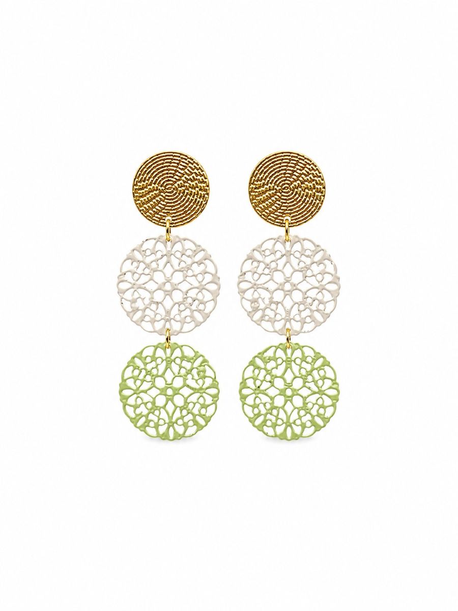 Pair of long drop earrings: a textured gold-tone disc, a white filigree disc and a soft lime filigree disc
