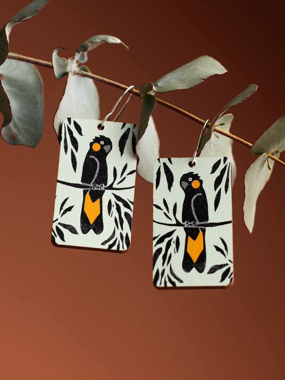 To The Trees Yellow-tailed Black Cockatoo earrings — Australian hoop pine, rectangular drop